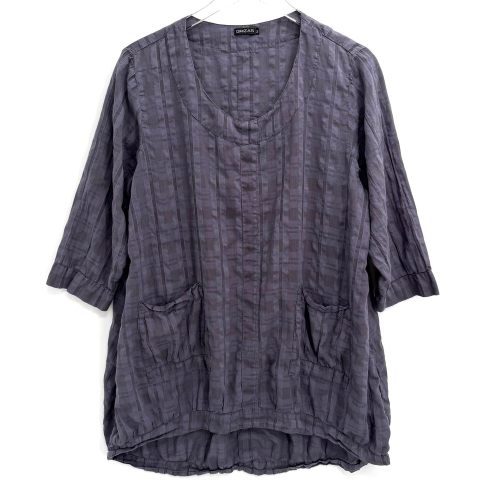 Grizas Cotton Silk Plaid Tunic Top Size M Gray 3/4 Sleeve Pockets Lagenlook